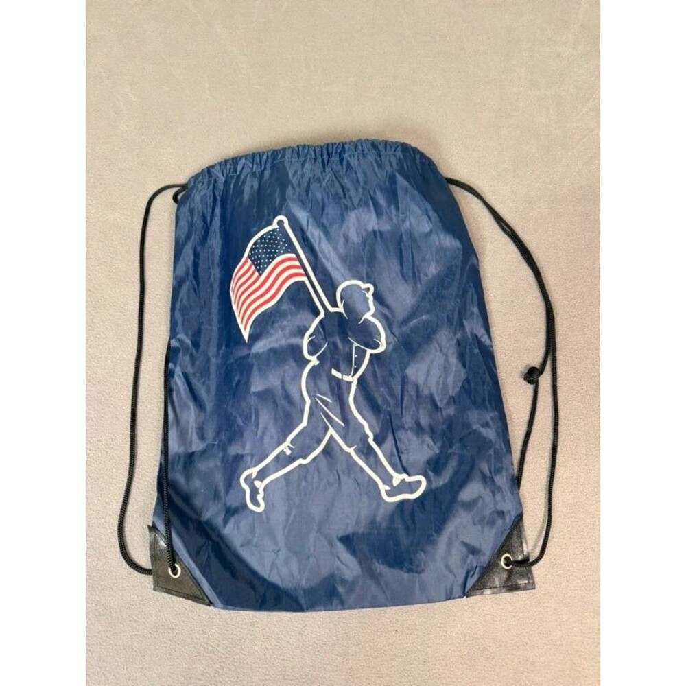 Baseballism Silhouette Baseball Player Flag Navy Blue Nylon Drawstring Backpack